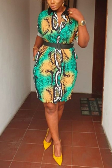 Women's Hot Fashion Africa Snake Print Collared Short Sleeve Belted Detail Midi Shirt Dress