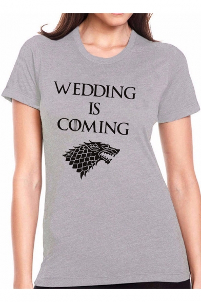 Women's WEDDING IS COMING Letter Wolf Printed Short Sleeve Round Neck Graphic T-Shirt