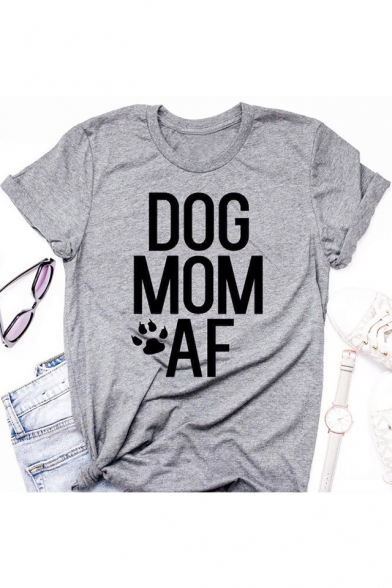 Women's Simple Letter DOG MOM AF Printed Short Sleeve Round Neck Grey T-Shirt