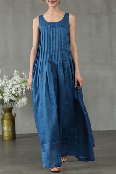 Women's Style Scoop Neck Sleeveless Plain Maxi Casual Loose Tank Pleated Blue Dress With Pockets