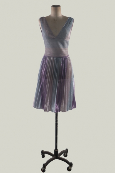Women's Summer Sexy Plunge Neck Sleeveless Stripes Midi Swing A-line Purple Dress