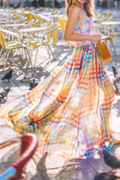 Women's Trendy Off The Shoulder Rainbow Plaid Printed Split Side Maxi Swing Chiffon Dress