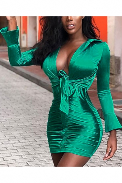 Womens New Trendy Simple Plain Sexy Plunging Neck Long Sleeve Tied Waist Green Mini Bodycon Bandage Shirt Dress