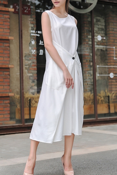 Womens Simple Plain Round Neck Sleeveless Button Embellished Gathered Waist Maxi A-Line Dress