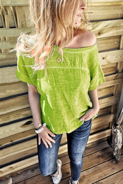 Womens Summer Hot Popular Solid Color One Shoulder Short Sleeve Relaxed T-Shirt