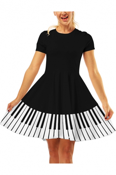 Womens Summer Stylish 3D Pattern Basic Round Neck Short Sleeve Mini A-Line Dress