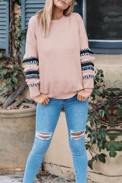 Basic Round Neck Ruffled Patched Long Sleeve Casual Loose Pullover Sweatshirt