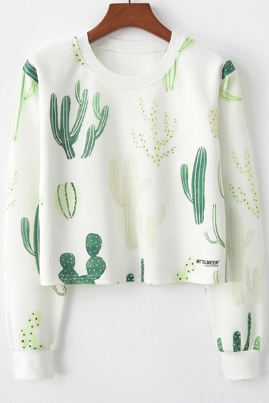 Cactus Printed Round Neck Long Sleeve Cropped White Sweatshirt
