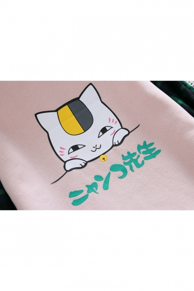 Cartoon Cat Plaid Printed Letter Colorblock Patched Ruffle Long Sleeve Round Neck Sweatshirt