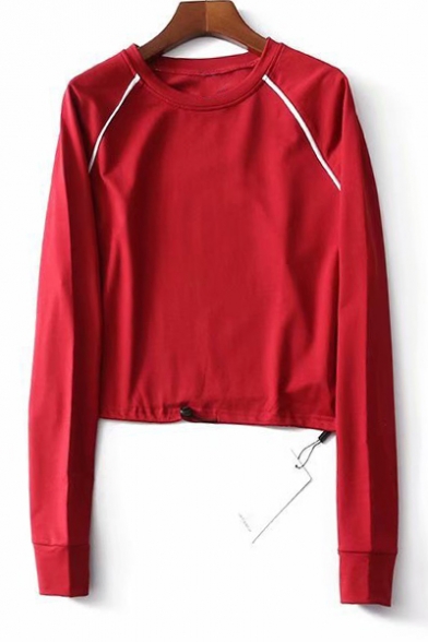 Casual Round Neck Raglan Sleeve Plain Sweatshirt with Drawcord