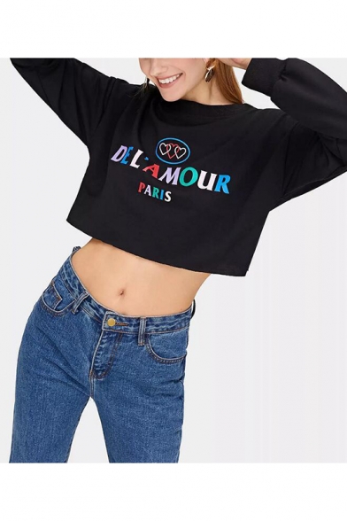 Colorful Heart Letter DEL AMOUR Printed Round Neck Long Sleeve Black Cropped Sweatshirt