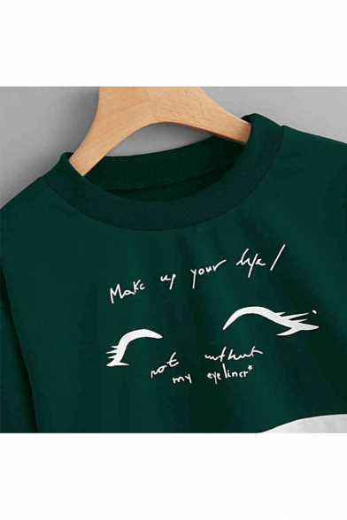 Cool Funny Letter MAKE UP YOUR LIFE Graphic Printed Round Neck Long Sleeve Colorblock Green Sweatshirt