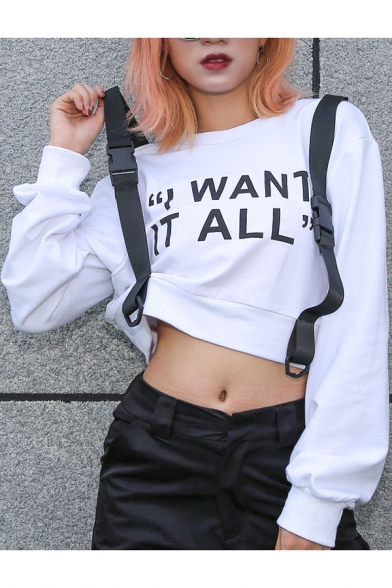 Cool Street Letter I WANT IT ALL Buckled Ribbon Embellished Long Sleeve White Cropped Sweatshirt