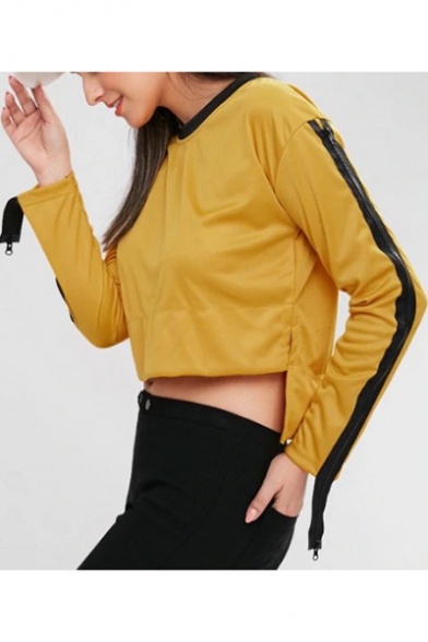 Cool Zip Tape Patched Long Sleeve Round Neck Plain Cropped Yellow Sweatshirt