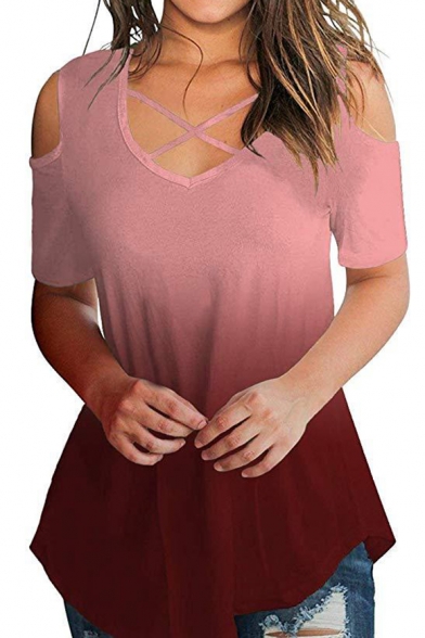 Crisscross V-Neck Cold Shoulder Short Sleeve Fashion Ombre Color Casual Loose Asymmetrical T-Shirt for Women