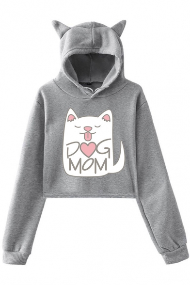 Cut Cartoon Cat Letter DOG MOM Ear Design Long Sleeve Cropped Relaxed Hoodie