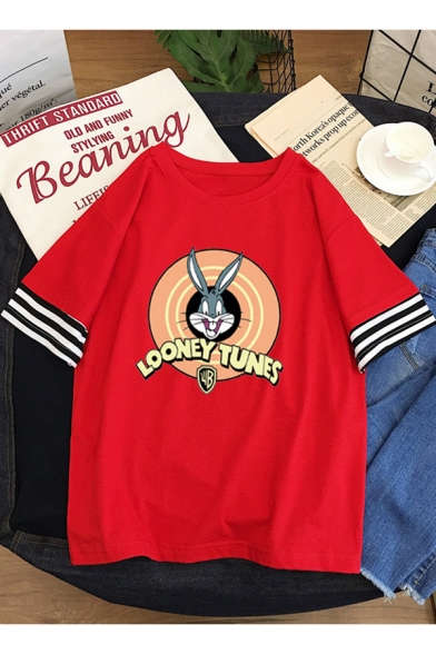Cute Cartoon Rabbit Print Striped Half Sleeve Relaxed Fit Cotton T-Shirt