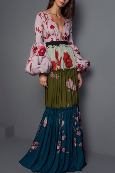 Designer Unique Fashion Floral Printed Sexy Plunging V-Neck Puff Long Sleeve Maxi A-Line Pleated Dress