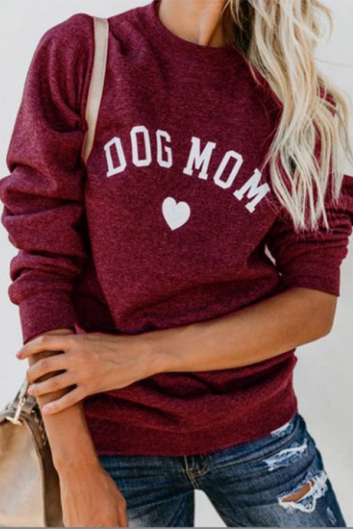DOG MOM Letter Heart Printed Round Neck Long Sleeve Sweatshirt