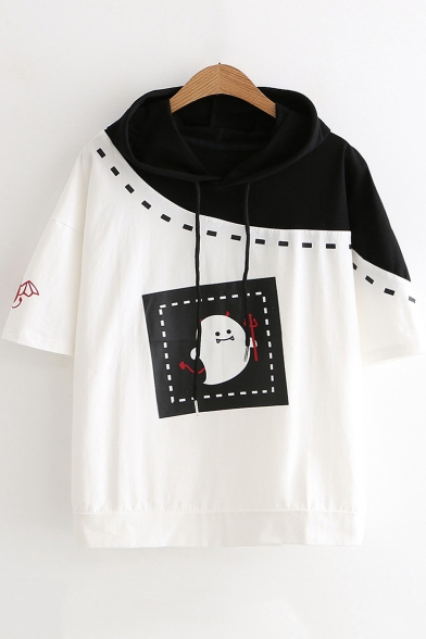 Fashion Cartoon Printed Two-Tone Patched Hooded Casual Black and White T-Shirt
