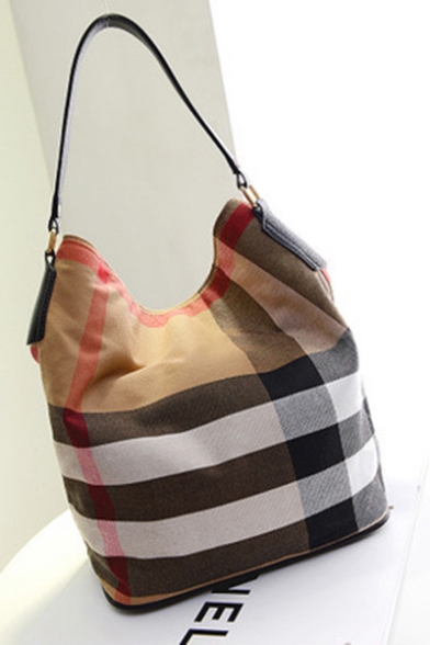 Fashion Classic Color Block Stripe Pattern Canvas Shoulder Bucket Bag 28*18*34 CM
