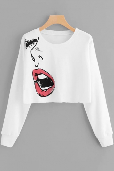 

Fashion Lip Print Round Neck Long Sleeve White Cropped T-Shirt, LM527562