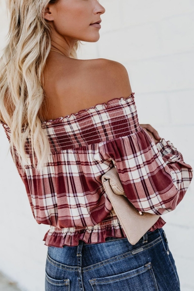 Fashion Red Plaid Printed Long Sleeve Off the Shoulder Ruffled Blouse Top