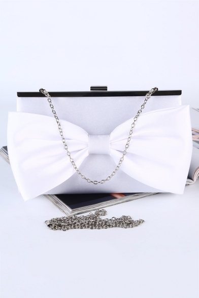 Fashion Solid Color Bow Embellishment White Silk Evening Clutch Bag for Women 24*6*15 CM