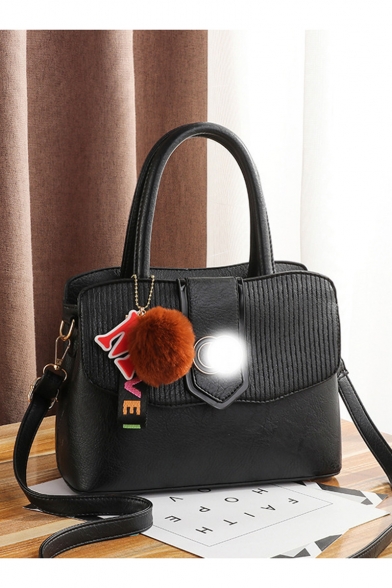Fashion Solid Color Plush Ball Letter Ribbon Embellishment Satchel Shoulder Handbag 26*12*19 CM