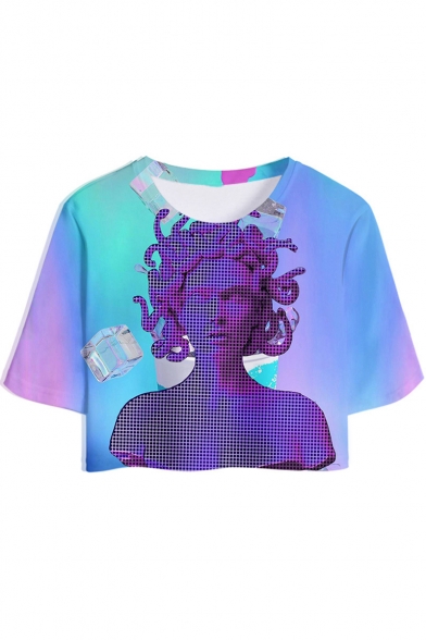 Fashionable Vaporwave Cool 3D Printed Round Neck Short Sleeve Cropped Sport T-Shirt