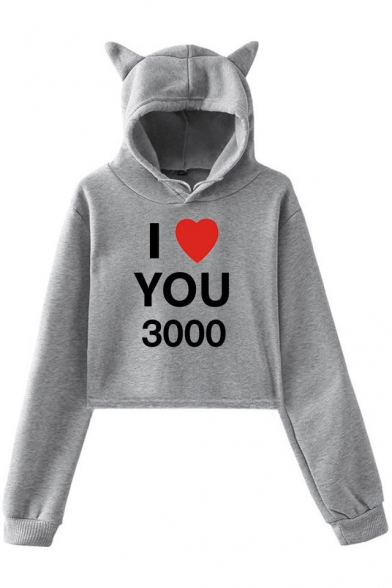 Father's Day Heart Letter I LOVE YOU 3000 Cute Cat Ear Design Crop Hoodie