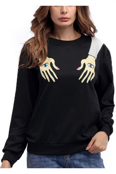 Funny Cool Eye Hand Printed Womens Long Sleeve Round Neck Black Loose Fit Sweatshirt