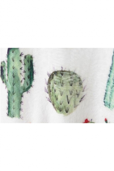 Girls Cute Cactus Pattern Round Neck Long Sleeve Basic White Casual Sweatshirt