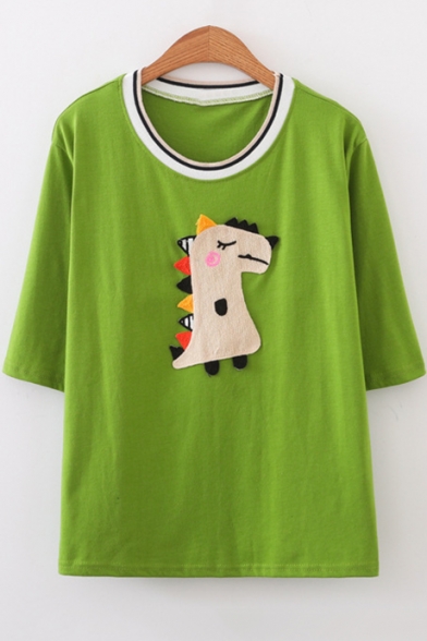 Girls Cute Cartoon Dinosaur Embroidery Round Neck Short Sleeve Loose Casual T-Shirt