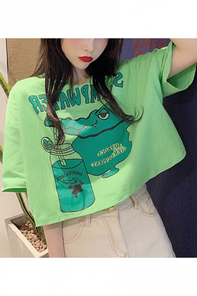 Girls Funny Cartoon Frog Printed Round Neck Short Sleeve Cotton Loose Tee