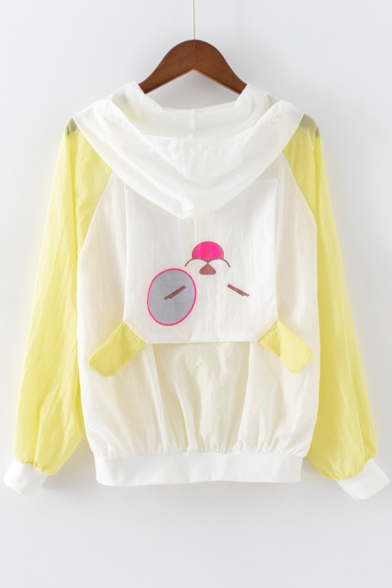 Girls Summer Cute Cartoon Print Back Color Block Long Sleeve Sun Protection Zip Up Hooded Coat