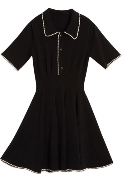 Girls Summer Vintage Short Sleeve Lapel Collar Button Front A-Line Pleated Polo Dress