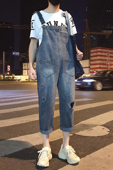 Guys Fashion Blue Distressed Ripped Hole Rolled Cuff Straight Denim Bib Overalls Jumpsuits