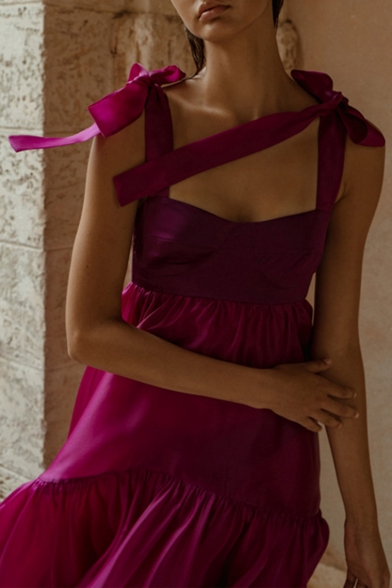 Hot Fashion Bow Spaghetti Straps Sleeveless Plain Maxi Boho Purple Shift Dress