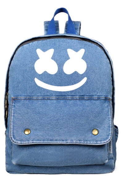 Hot Fashion Printed Flat Pocket Front Light Blue Denim Vintage School Bag Backpack 30*10*38 CM