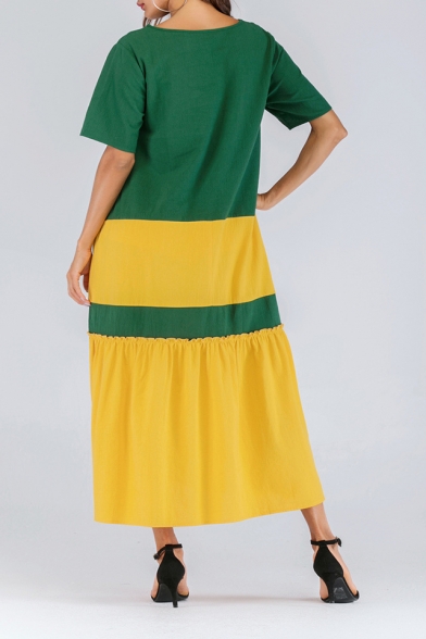 Hot Fashion Round Neck Short Sleeve Colorblock Printed Loose Maxi Swing Green Dress