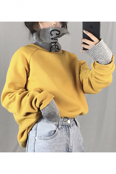 Embroidered Letter High Neck Fake Two Pieces Patchwork Sweatshirt