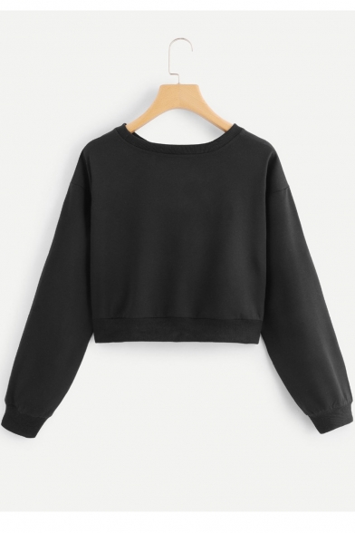 Solid Color Round Neck Long Sleeve Knot Front Cropped Sweatshirt