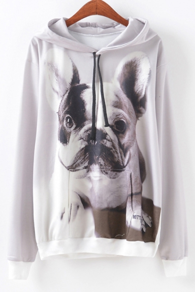 

Lonely Dog Printed Long Sleeve Gray Loose Drawstring Hoodie, LM531090