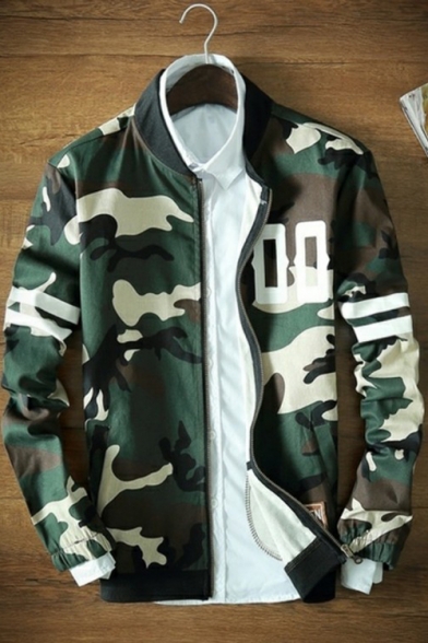 Mens Stylish Green Camo Pattern Striped Long Sleeve Stand Collar Zip Up Jacket
