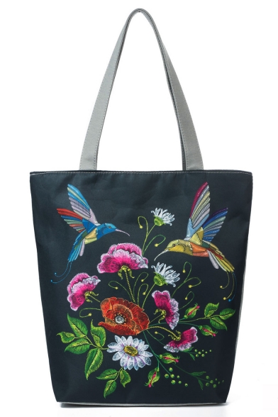 National Style Creative Floral Birds Pattern Dark Green Canvas Shoulder Bag 27*11*38 CM