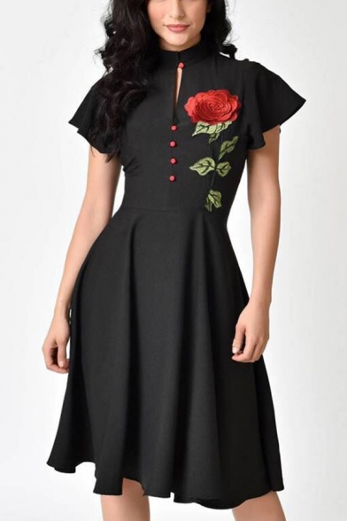 New Chic Floral Embroidery Button Front Stand Collar Vintage Fit and Flared Dress