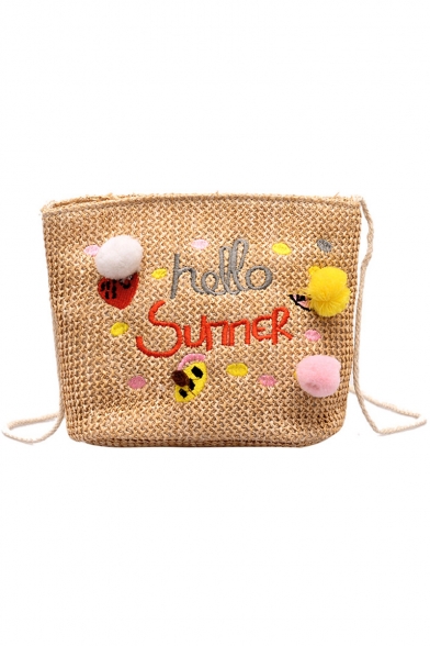 New Fashion Letter Embroidery Plush Ball Embellishment Khaki Straw Crossbody Bucket Bag 22*11*17 CM