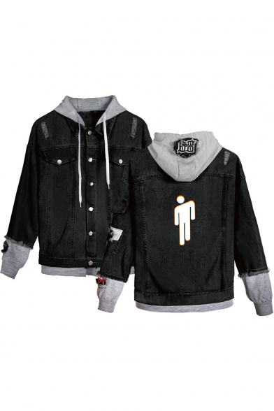 New Stylish Cool Puppet Figure Printed Long Sleeve Hooded Ripped Black Button Down Denim Jacket