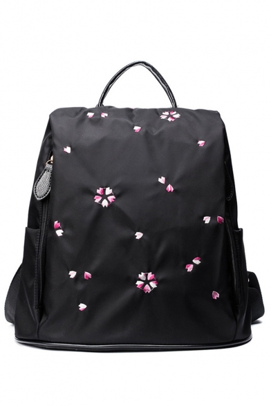New Stylish Floral Print Black Nylon Varsity Backpack Casual Bag for Girls 33*30*14 CM